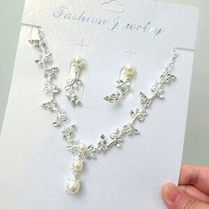 Brand New Silver With Pearl Necklace+ Earrings Set